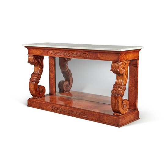 A French Restauration Carved Burr Amboyna Console Table with a White Marble Top, Circa 1825