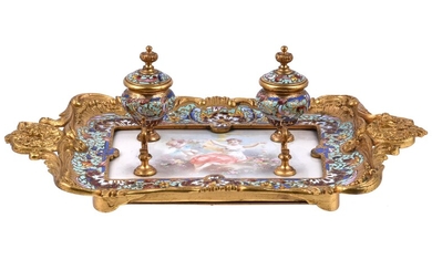 A French gilt-metal and cloisonné two-handled inkstand with pottery Sèvres-style insert