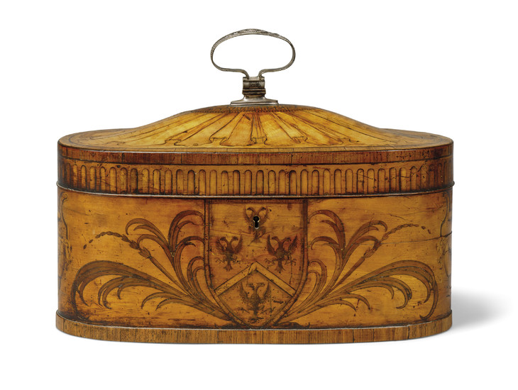 A GEORGE III TULIPWOOD-BANDED, SATINWOOD AND MARQUETRY TEA CADDY, ATTRIBUTED TO INCE & MAYHEW, CIRCA 1770