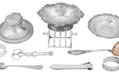 A George V silver capstan inkwell, two bonbon dishes and other items