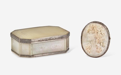 A Georgian silver-mounted mother-of-pearl snuff box and gold-mounted carved shell cameo brooch