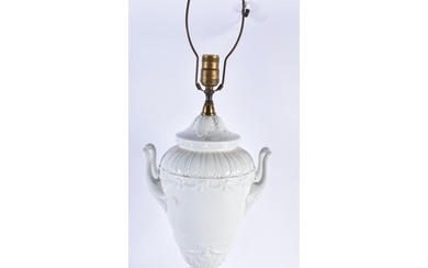 A LARGE CONTINENTAL TWIN HANDLED WHITE PORCELAIN VASE LAMP. ...