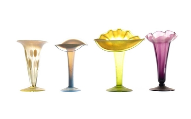 A LATE 19TH CENTURY VASELINE GLASS JACK-IN-THE-PULPIT VASE ALONG WITH ANOTHER AND TWO TRUMPET VASES