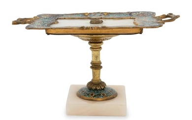 A Large 19th Century Antique French Gilt Bronze Champleve Enamel Alabaster Serving Card Tray