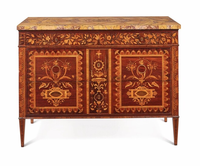 A NORTH ITALIAN NEOCLASSICAL ROSEWOOD, AMARANTH, WALNUT AND FRUITWOOD MARQUETRY COMMODE, LOMBARDY, CIRCA 1800