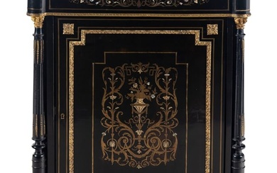 A Napoleon III Brass and Pewter Inlaid Ebonized Marble-Top Cabinet