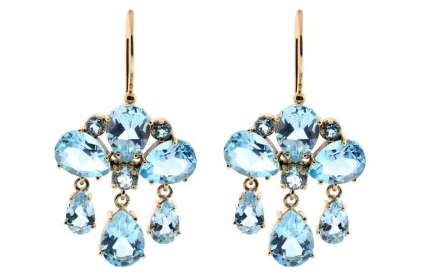 A OF PAIR GIRANDOLE STYLE 9CT GOLD GEMSET EARRINGS; each set with round and drop shape blue topaz, length 33mm.