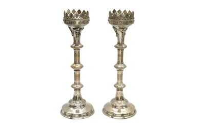A PAIR OF 20TH CENTURY GOTHIC REVIVAL ECCLESIASTICAL SILVER PLATED PRICKET CANDLESTICKS