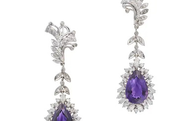 A PAIR OF AMETHYST AND DIAMOND DROP EARRINGS the s ...