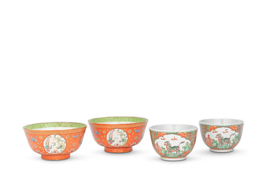 A PAIR OF CORAL-GROUND 'CHANGCHUN TONGQING' BOWLS AND A PAIR...