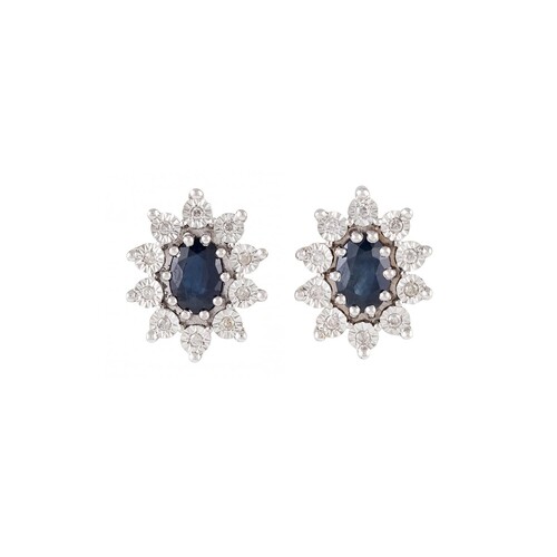 A PAIR OF DIAMOND AND SAPPHIRE EARRINGS, mounted in white go...