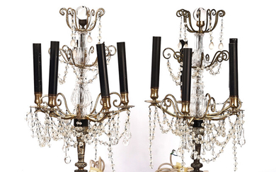 A PAIR OF FRENCH METAL AND GLASS FIVE-LIGHT CANDELABRA