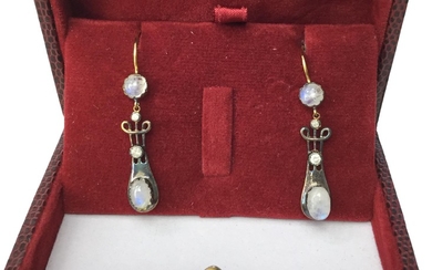 A PAIR OF MOONSTONE AND DIAMOND EARRINGS