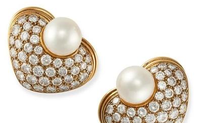 A PAIR OF PEARL AND DIAMOND CLIP EARRINGS in 18ct yellow gold, each designed as a heart pave set