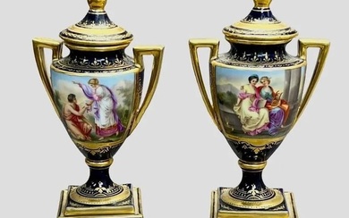 A PAIR OF ROYAL VIENNA STYLE VASES AND COVERS
