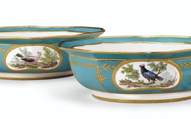 A PAIR OF SEVRES PORCELAIN BLEU CELESTE ORNITHOLOGICAL DECAGONAL SALAD BOWLS (SALADIERS 'A MORTIER', 2EME GRANDEUR), CIRCA 1800, IRON-RED SEVRES MARK AND INCISED 22 TO EACH