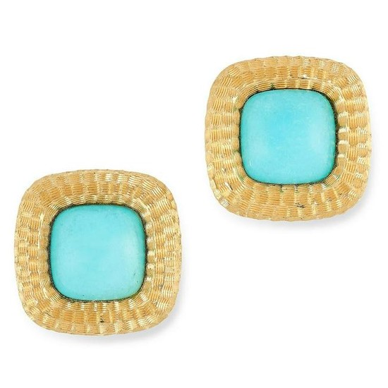 A PAIR OF TURQUOISE CLIP EARRINGS in high carat yellow