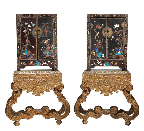 A Pair of Lacquer Cabinets on Gilt Wood Stands