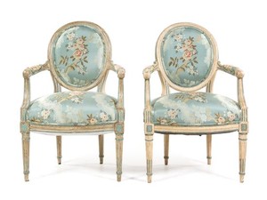 A Pair of Louis XVI Style Painted Fauteuils Height 35
