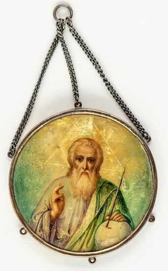 A RUSSIAN ICON PAINTED ON MOTHER OF PEARL IN A