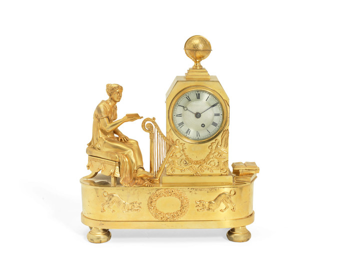 A Regency gilt bronze figural mantel timepiece depicting the allegory of love