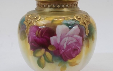 A Royal Worcester pot pourri vase, signed by M Hunt, puce mark for 1897, decorated with roses, lacking cover, 10cm high