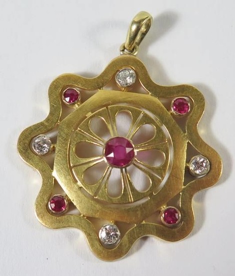 A Ruby and Diamond Pendant in an unmarked gold mount, 28mm, ...