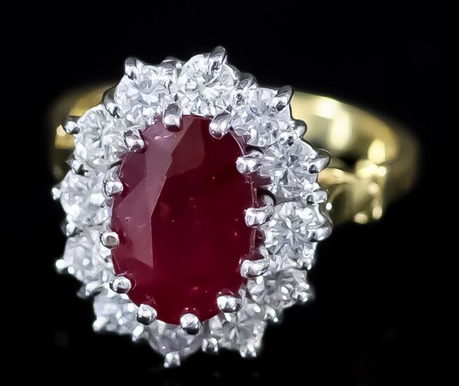 A Ruby and Diamond Ring, Modern, in 18ct yellow...