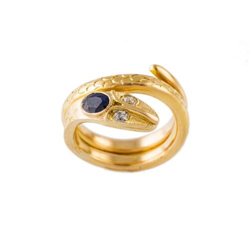 A SAPPHIRE AND DIAMOND SET RING, modelled as a snake, yellow...