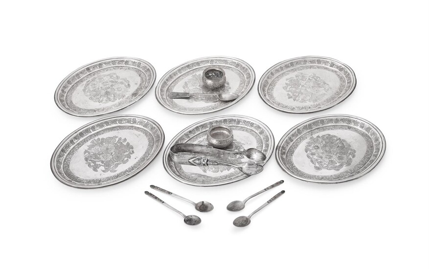 A SET OF SIX PERSIAN SILVER OVAL PLATES, QAJAR PERIOD (LATE 19TH-EARLY 20TH CENTURY)