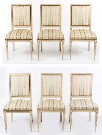 A SET OF SIX WHITE PAINTED LOUIS XVI STYLE DINING CHAIRS IN STUDDED SILK UPHOLSTERY, 92 CM H. SPECIAL NOTE REGARDING COLLECTION: TO...
