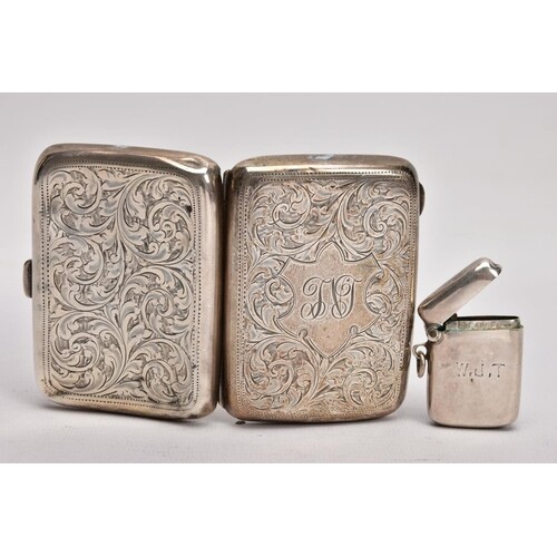 A SILVER CIGARETTE CASE AND A VESTA, rounded rectangular cig...