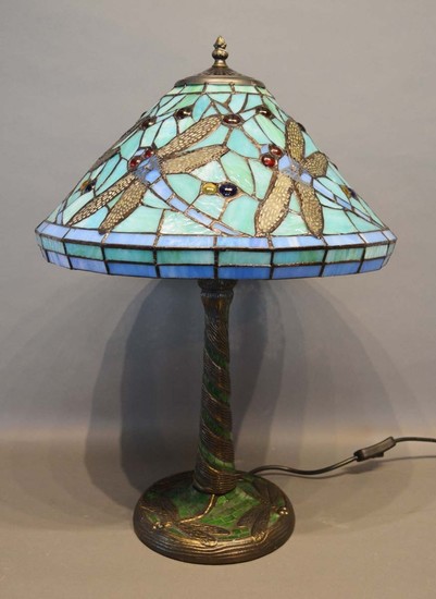 A Tiffany Style Glass and Patinated Metal Mounted Table Lamp...