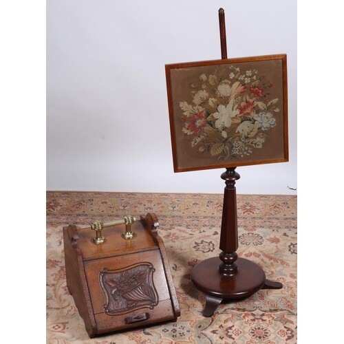 A VICTORIAN MAHOGANY AND NEEDLEWORK FIRE SCREEN together wit...