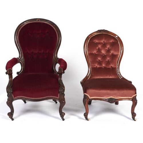 A Victorian walnut armchair and a contemporary walnut nursin...