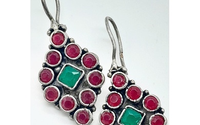 A Vintage Pair of Emerald and Ruby Earrings set in 925 Silve...