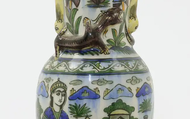 A baluster pottery vase, Qajar Iran, late 19th century, polychrome painted, the...