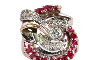 A diamond and synthetic ruby swirl design ring, c.1940-1950
