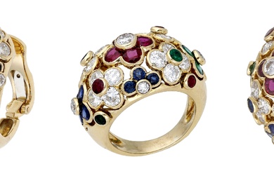 A gem-set ring and ear clip suite by Mauboussin, circa 1960, the...