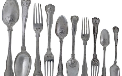 A harlequin part-set of 19th century King's pattern flatware, with shell backs, the set comprising: 12 table spoons, London, 1836, William Eaton; 20 dessert spoons, London, 1837, Mary Chawner; 11 teaspoons, most with rubbed marks, three 1836...
