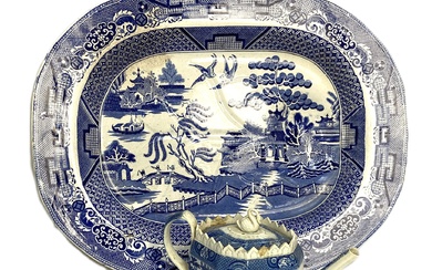 A large 19th century blue and white ‘Willow Pattern’ meat dish, by J.Meir & Sons, of typical form