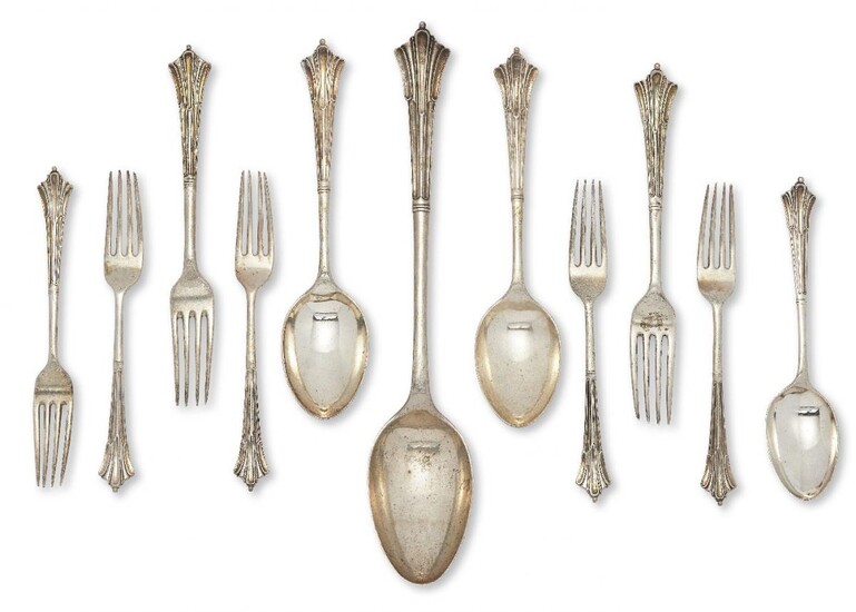 A large Albany pattern silver serving spoon, London, c.1913, William Hutton & Sons., measuring 32.5cm, together with a selection of matching silver flatware comprising: two smaller serving spoons; a dessert spoon; two table forks and five dessert...