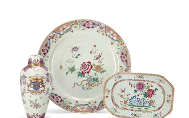 A large Chinese export famille rose plate, a similar tureen stand, and...