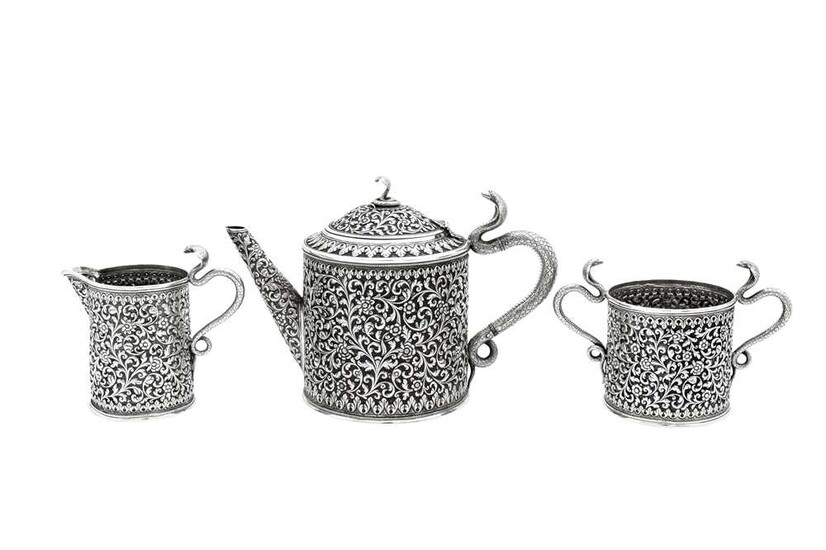 A late 19th / early 20th century Anglo – Indian silver three-piece tea service, Cutch, Bhuj circa 1900 by Oomersi Mawji jnr (active 1890-1930)