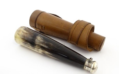 A mid 20thC leather cased hunting flask, of conical form, constructed from ox horn with white metal