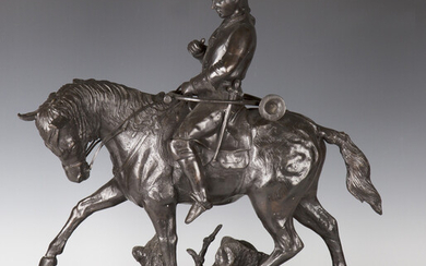 A modern brown patinated cast bronze equestrian figure group of an 18th century gentleman riding a h