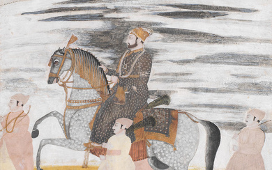 A nobleman on a richly-caparisoned horse with attendants on foot...