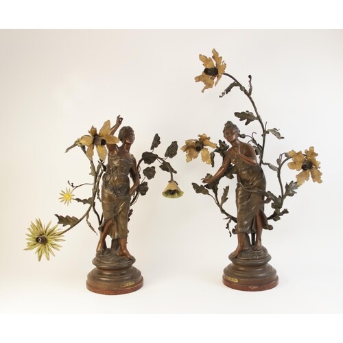 A pair of French Art Nouveau spelter figural table lamps, ti...