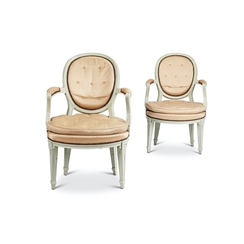 A pair of Louis XV style grey and white painted fauteuils Up...