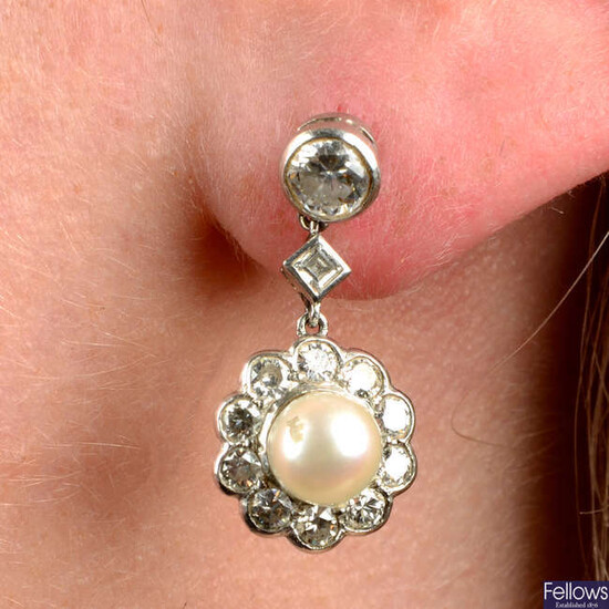 A pair of cultured pearl and diamond cluster drop earrings.